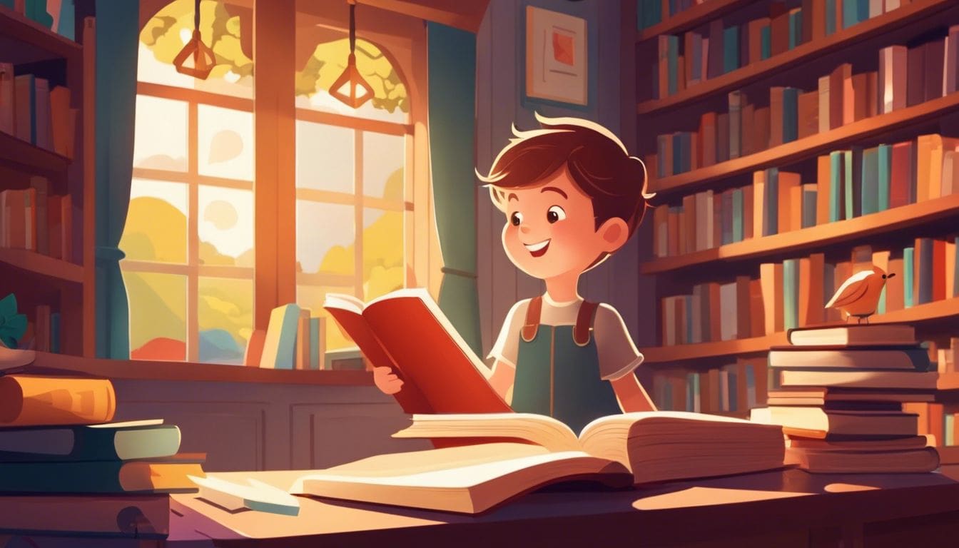 Een opgewonden kind omringd door boeken en educatief materiaal in een gezellige bibliotheeksetting.