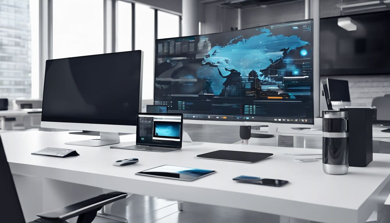 Een moderne kantooromgeving met elektronische apparaten en monitors. Een moderne kantooromgeving met elektronische apparaten en monitors.