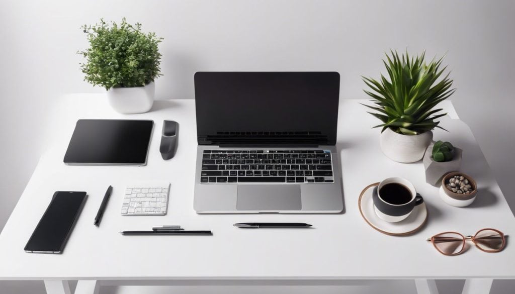 Een opgeruimd bureau met laptop, notitieboek en pen in minimalistische kantooromgeving.