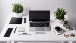 Een opgeruimd bureau met laptop, notitieboek en pen in minimalistische kantooromgeving.