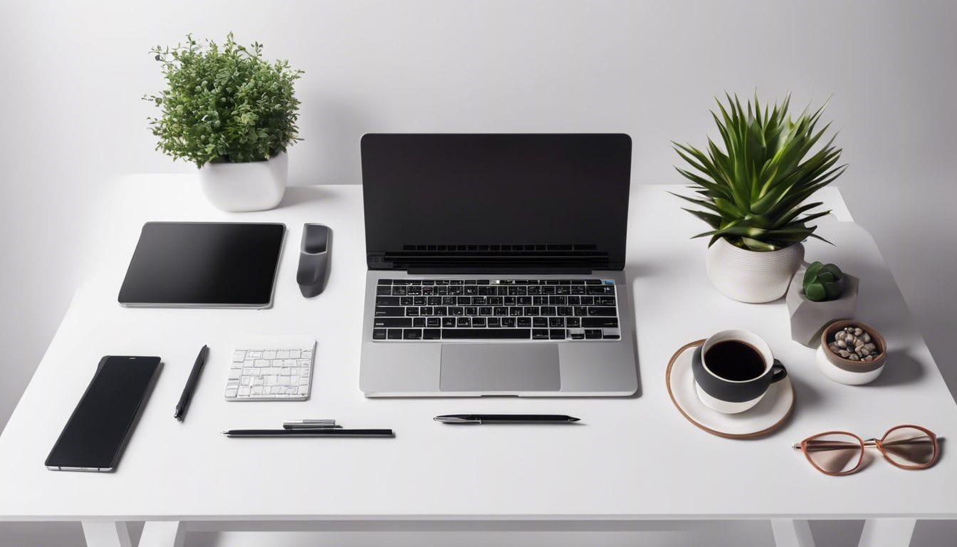 Een opgeruimd bureau met laptop, notitieboek en pen in minimalistische kantooromgeving.