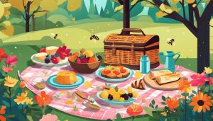 Een romantische picknick in een levendige tuin met kleurrijke bloemen.