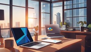 Een laptop met een open PayPal-account, omringd door financiële documenten en een professionele kantooromgeving.