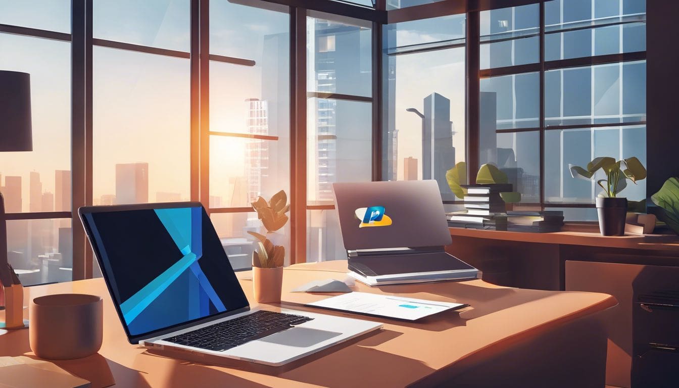 Een laptop met een open PayPal-account, omringd door financiële documenten en een professionele kantooromgeving.