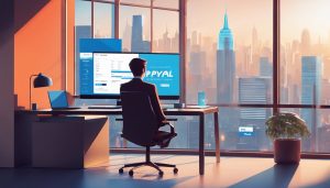 Een persoon gebruikt PayPal op een laptop in een strak kantoor.