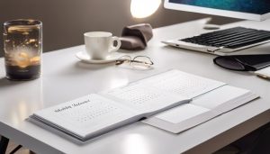 Een set contactlenzen met maandelijkse kalender op een moderne bureau.