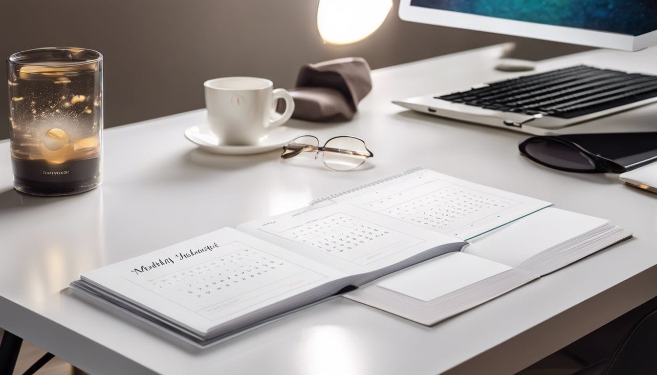 Een set contactlenzen met maandelijkse kalender op een moderne bureau.