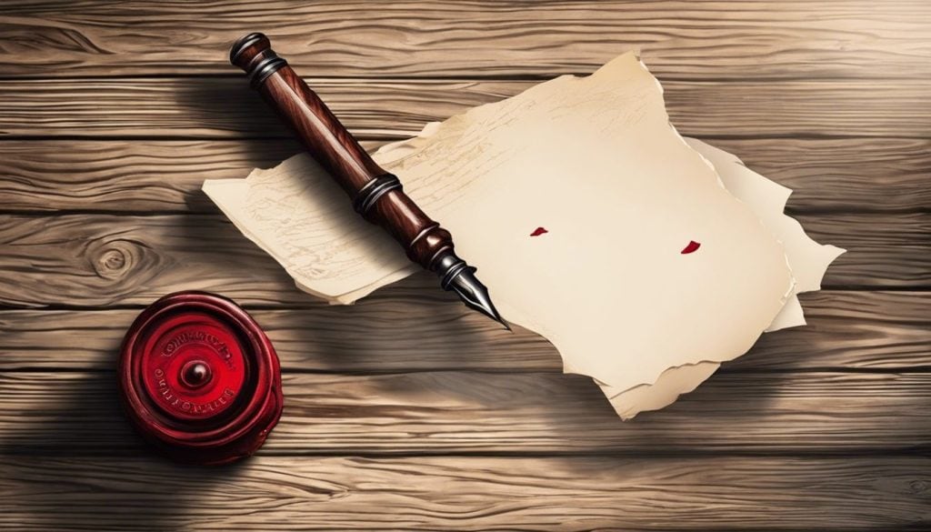 Een open brief met een rode annuleringszegel op een verweerd houten bureau.