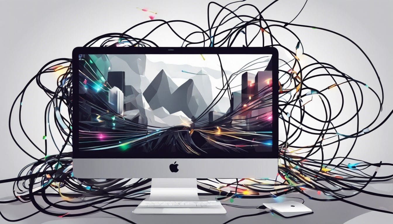 Een laptop met een verwarde kabel, omringd door technische rommel en frustratie.