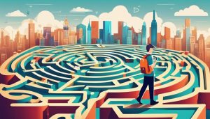 Een persoon navigeert door een doolhof met een papieren kaart tussen verschillende abonnementslogo's en een stadsgezicht op de achtergrond.