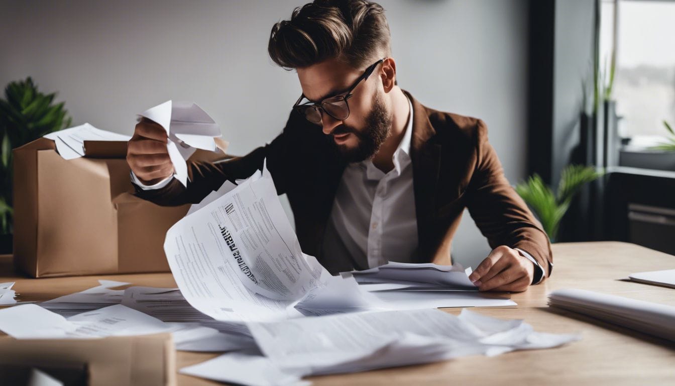 Een gefrustreerd persoon scheurt zijn Vriendenloterij abonnementspapieren.