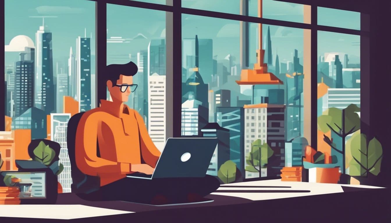 Een persoon leest een laptop met stadsgezicht en RSS-feed iconen.