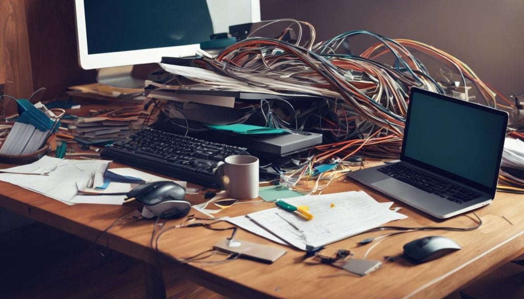 Een rommelig bureau met kluwen van computerkabels en gebroken toetsenbord.