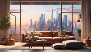 Een gezellige woonkamer met een open laptop naar de Sitly-website en stadsgezichtfotografie.