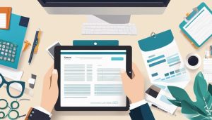 Een paar handen houden een tablet vast met een annuleringsformulier, omringd door een opgeruimde werkplek en moderne kantoorbenodigdheden.