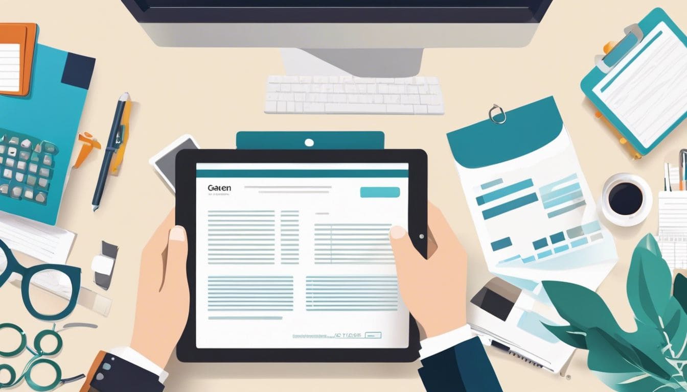 Een paar handen houden een tablet vast met een annuleringsformulier, omringd door een opgeruimde werkplek en moderne kantoorbenodigdheden.