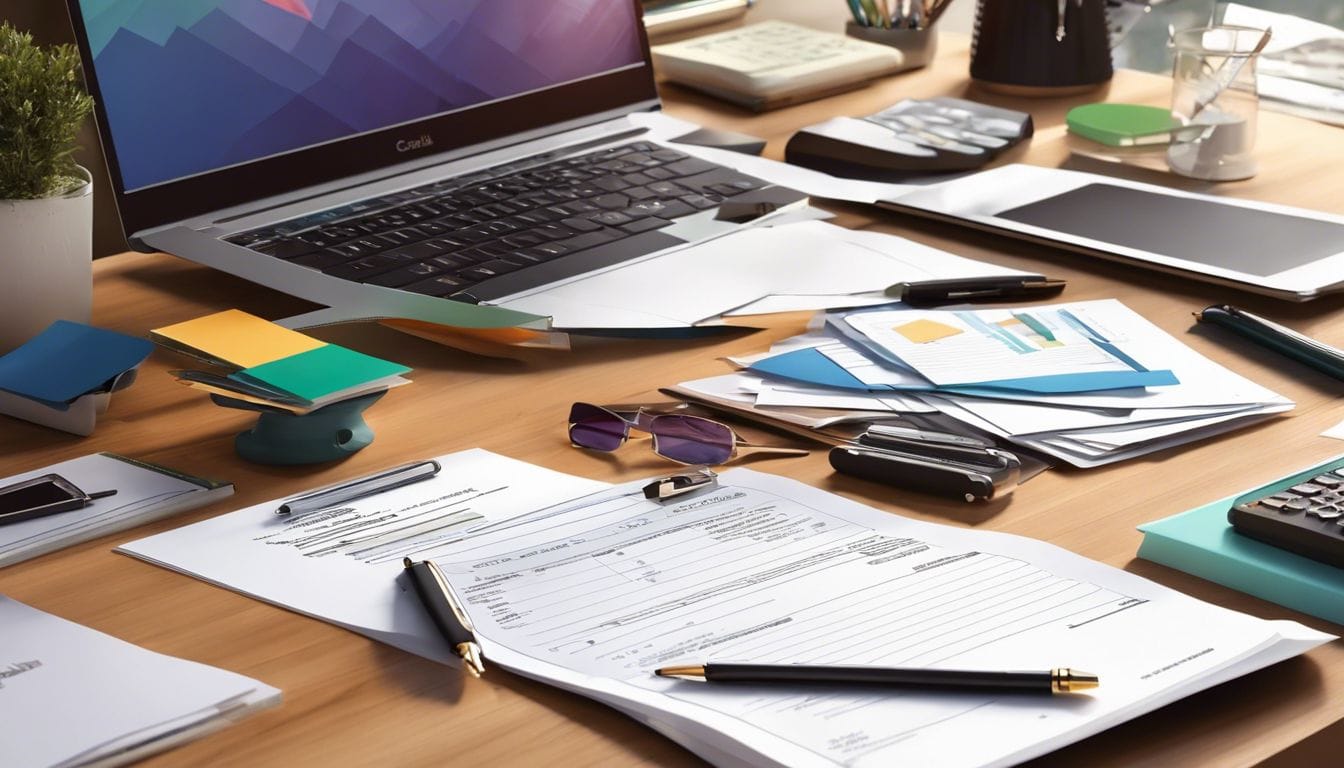 Netjes gestapelde rekeningen op een modern bureau met georganiseerde kantoorbenodigdheden.