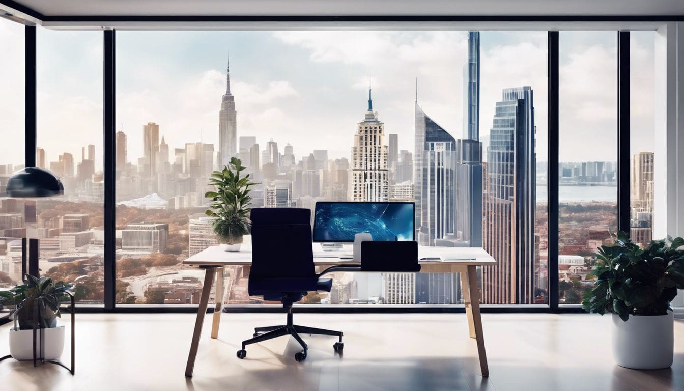 Een reeks marketingmaterialen met stadsfotografie in een modern kantoor.