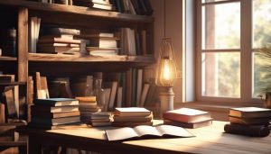 Een stapel educatieve boeken op een rustieke houten tafel in een gezellige studeerkamer.