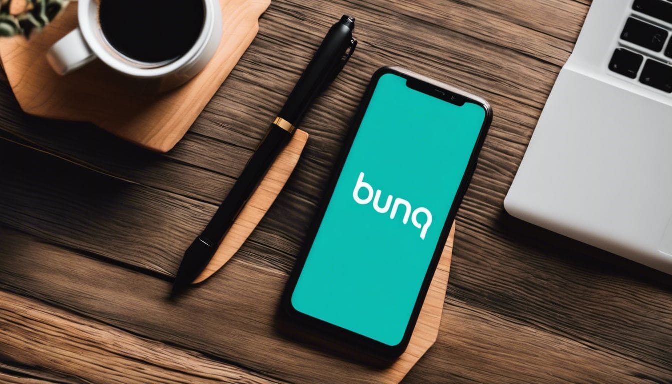 Een smartphone met de Bunq app op een houten bureau.