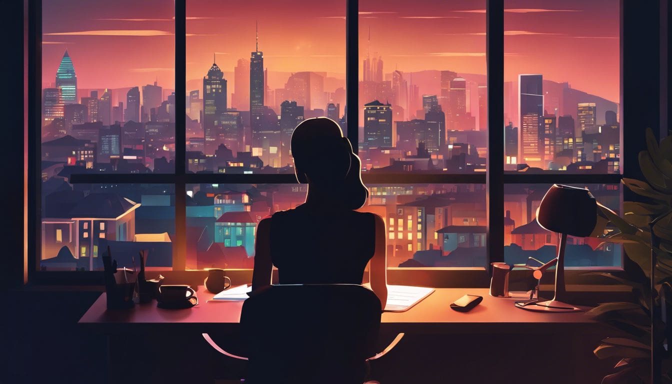 Een persoon zittend aan een bureau thuis met de Victoria Milan app op hun smartphone, met uitzicht op de stad en een uitdrukking van verlangen op hun gezicht.