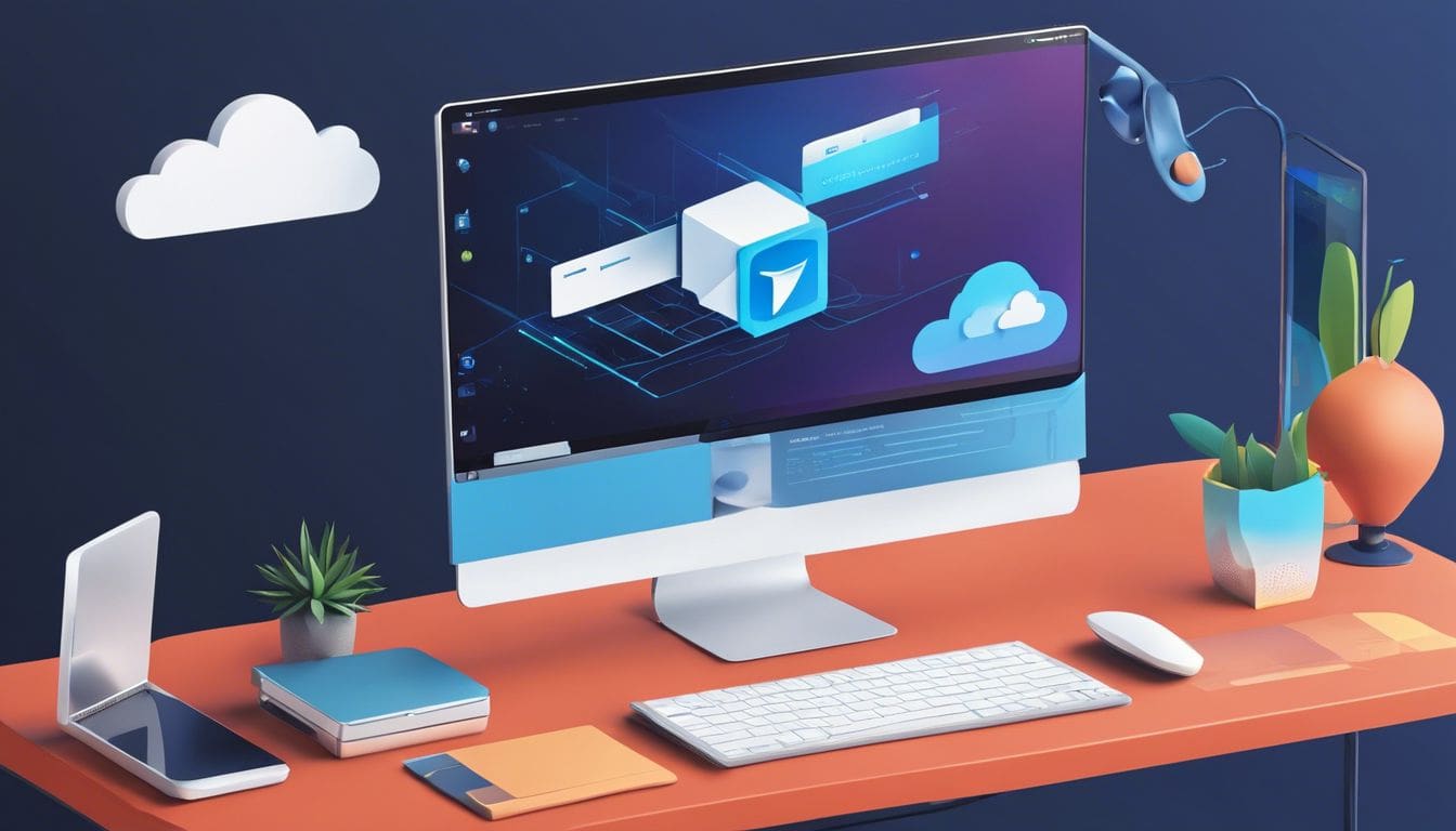 Een desktopcomputer met een geopende webbrowser naar de Dropbox-instellingenpagina en luchtfotografie.