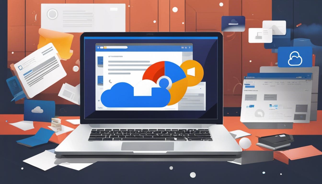 Een laptop met OneDrive logo toont annuleringsproces en verwarring.