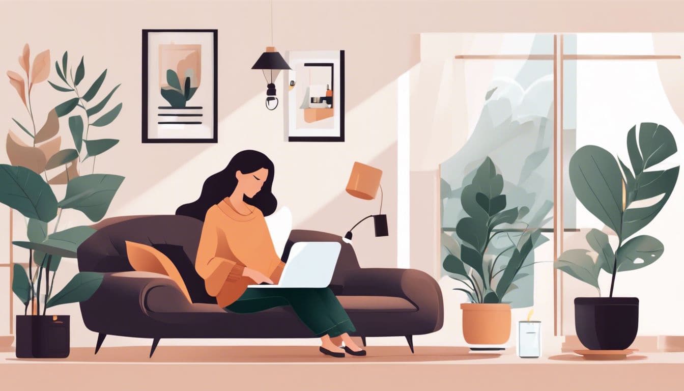 Een vrouw annuleert rustig haar Parfumado-abonnement online in een gezellige huiselijke omgeving.