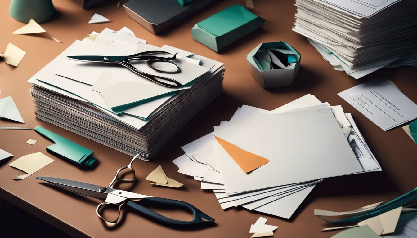 Een stapel weggegooide abonnementskaarten en een schaar op een rommelig bureau.