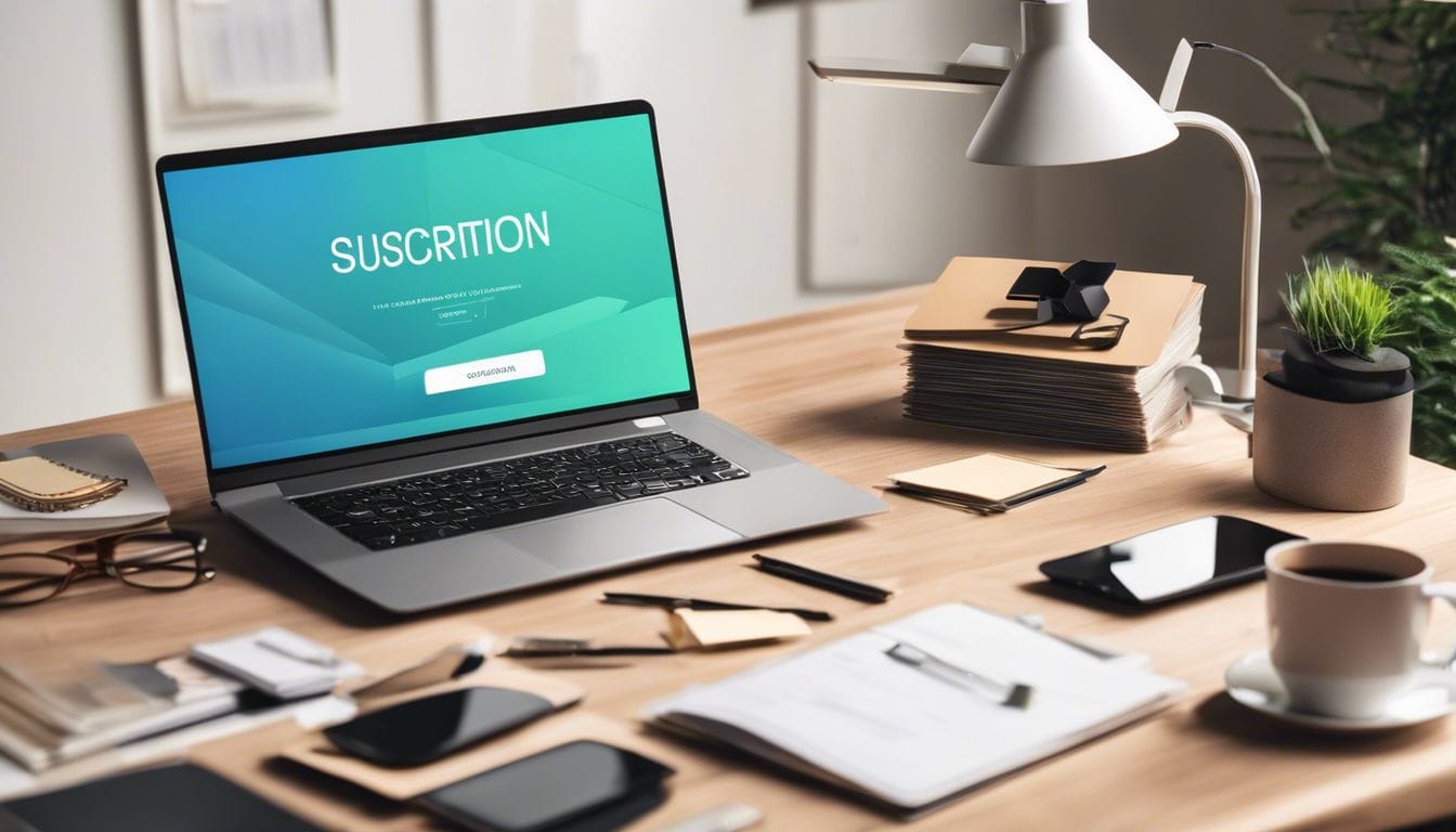 Een laptop op een houten bureau met een knop voor het annuleren van een abonnement.