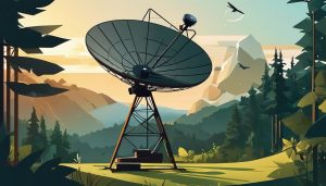 Een satellietschotel in een afgelegen locatie omgeven door natuur en dieren.