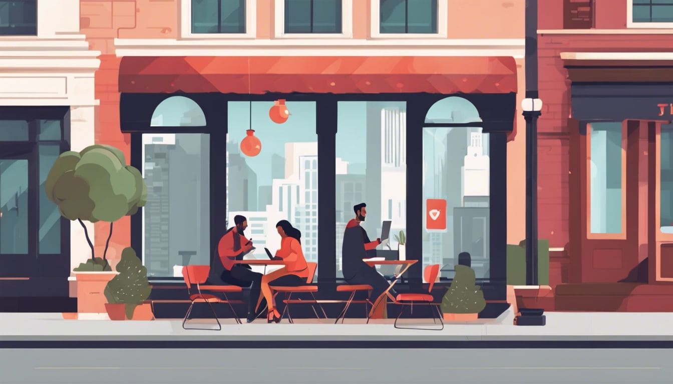 Persoon scrollt door profielen op Tinder in gezellige koffieshop.