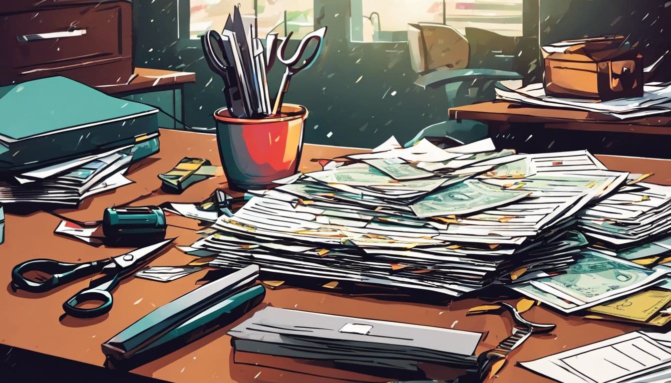 Een stapel ongeopende rekeningen en een paar scharen op een rommelig bureau, benadrukkend financi&euml;le stress en wanorde.