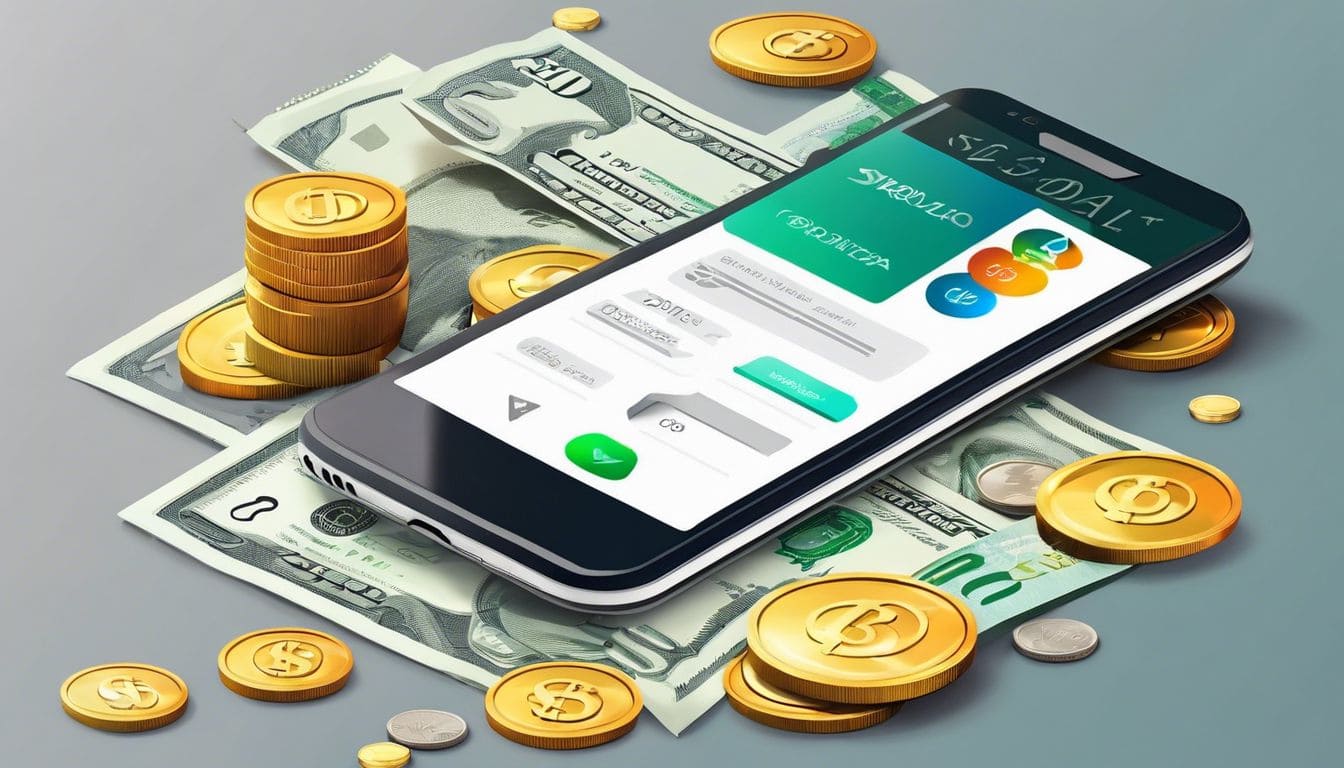 Een smartphone met een lagere telefoonrekening, omringd door geld en budgetterings-apps.
