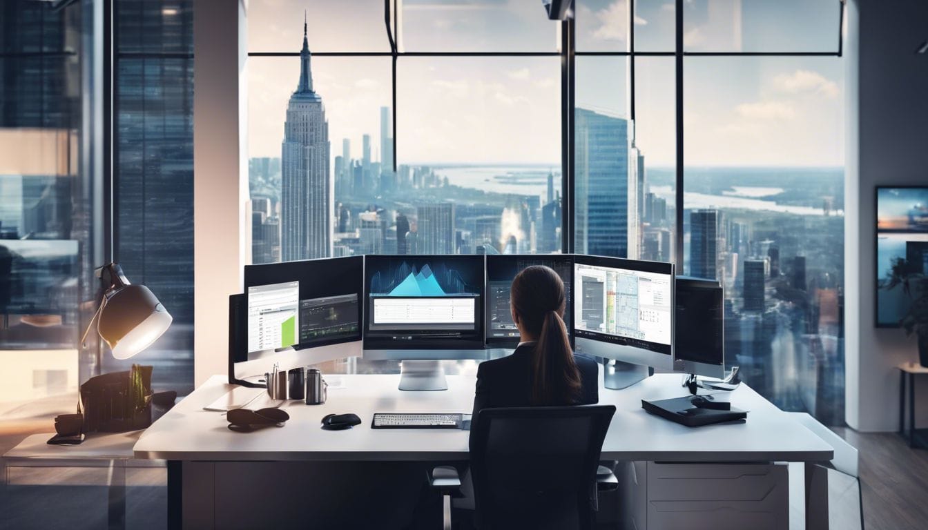 Een zakelijke professional vergelijkt software interfaces in een moderne kantooromgeving.