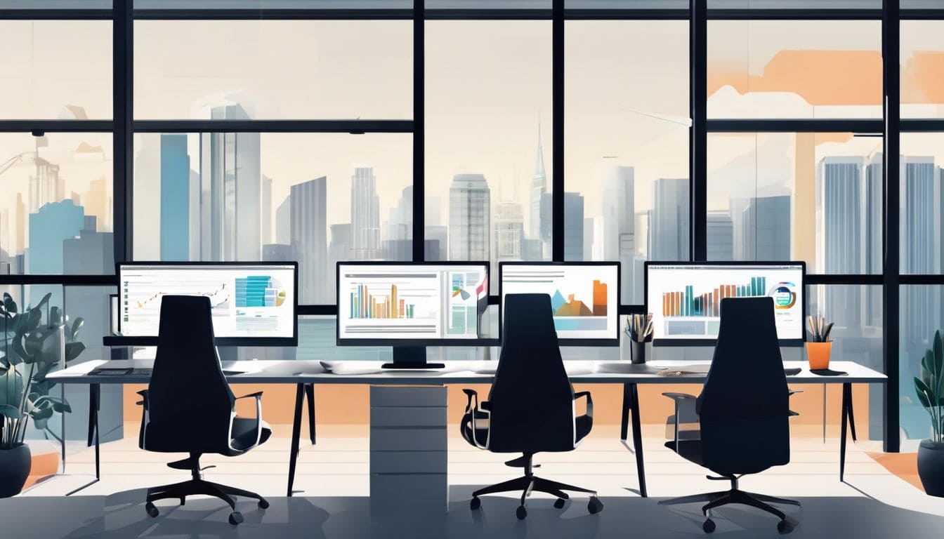 Een modern kantoor met computers en grafieken voor boekhoudsoftwarevergelijking.