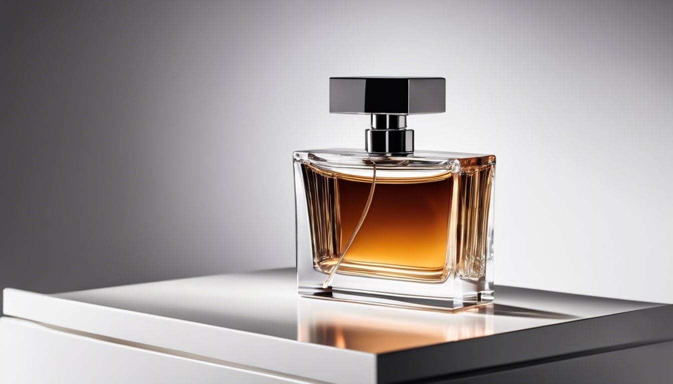 Een stijlvol parfumflesje op een modern, minimalistisch kaptafel.