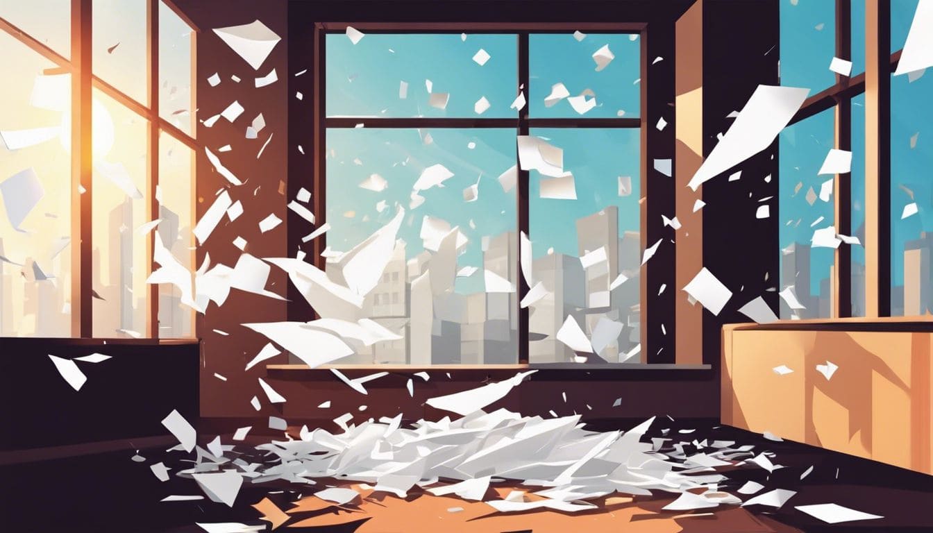 Een gescheurde overeenkomst wordt versnipperd voor een helder raam.