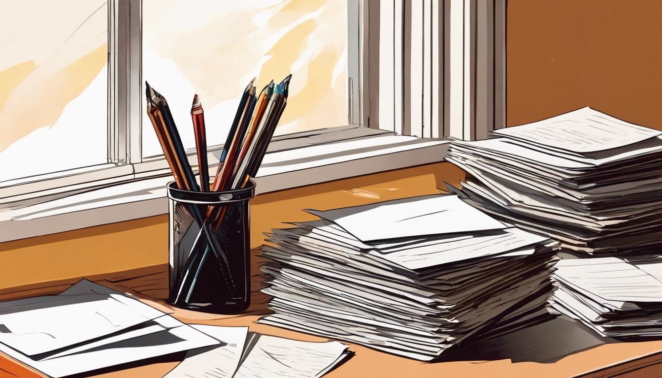 Een stapel ongeopende brieven en enveloppen op een rommelig bureau.