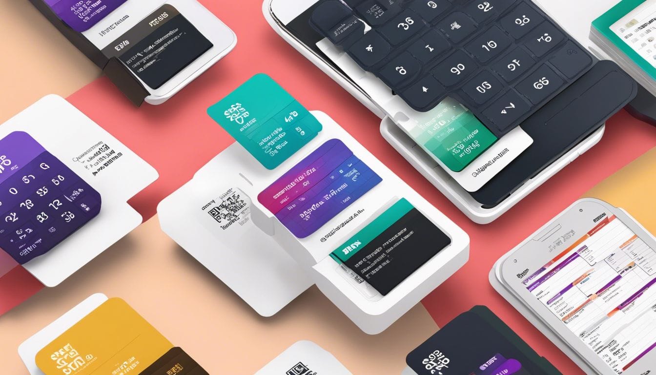 Twee stapels abonnementskaarten met calculators en prijskaartjes, omringd door vergelijkingsgrafieken en productfoto's.