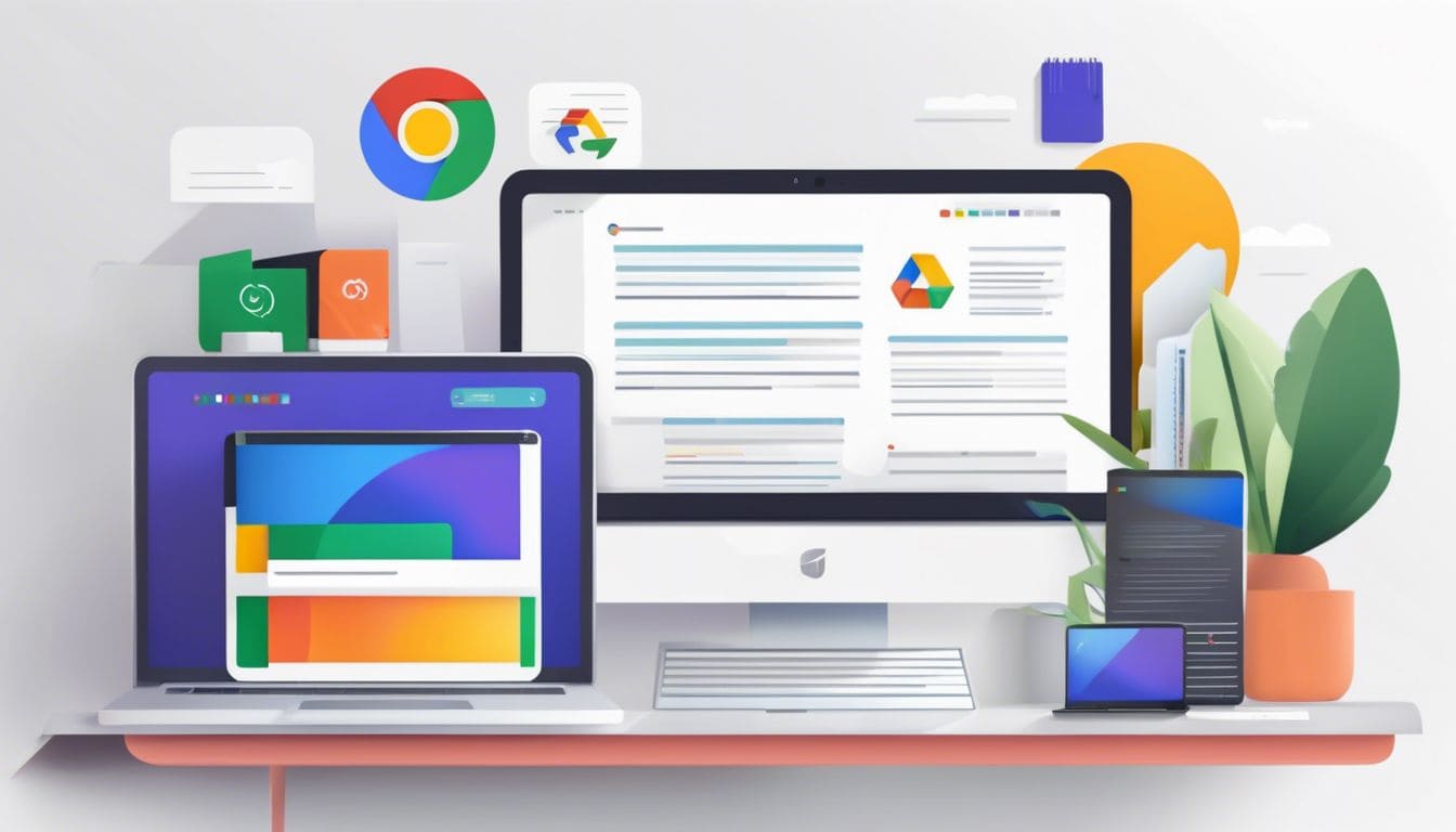 Een bureau met open laptops en verschillende Google Workspace-abonnementen in een professionele kantooromgeving.