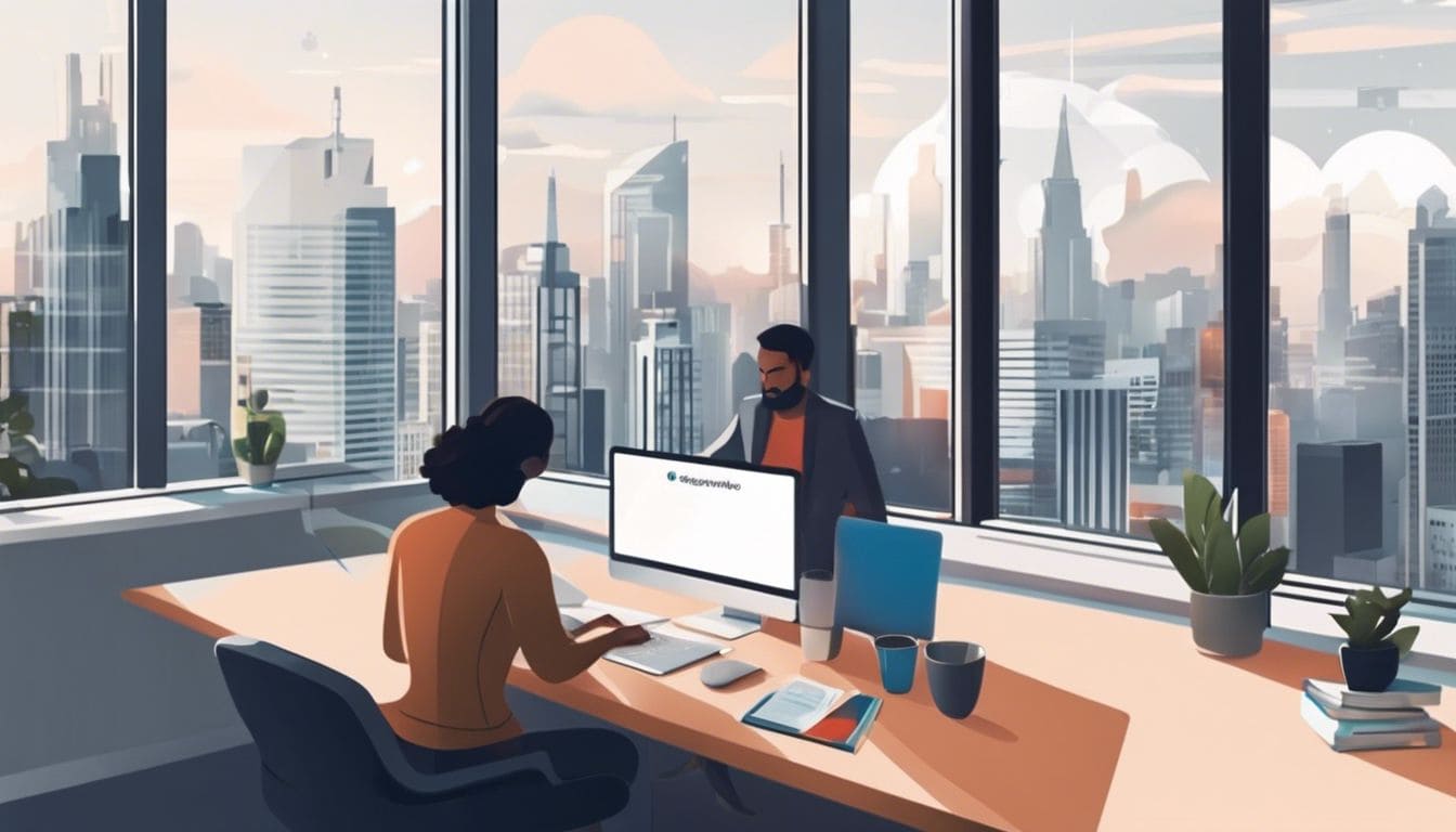 Een persoon gebruikt een laptop om Google One-abonnementsopties te vergelijken in een stijlvol kantoor met stadsgezicht.