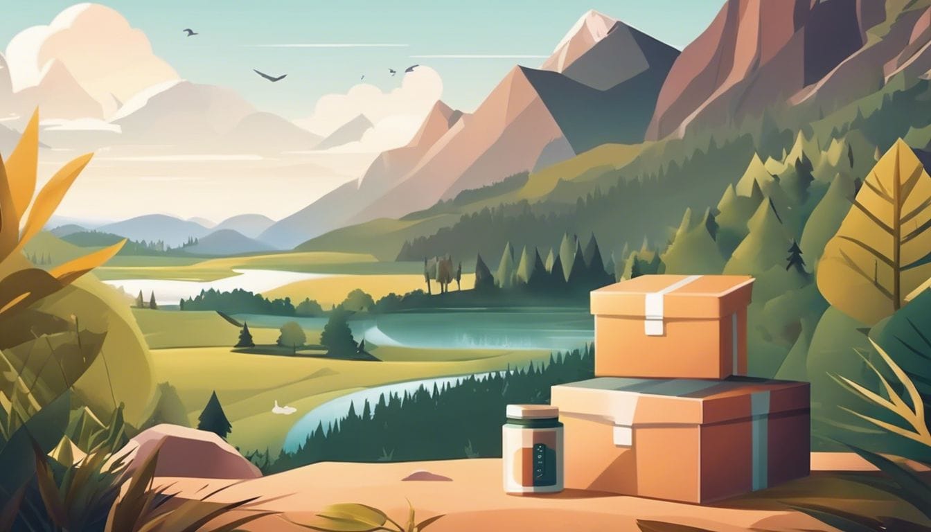 Een persoon laat een Vitaliy abonnementsdoos in een rustige natuurlijke omgeving zien.