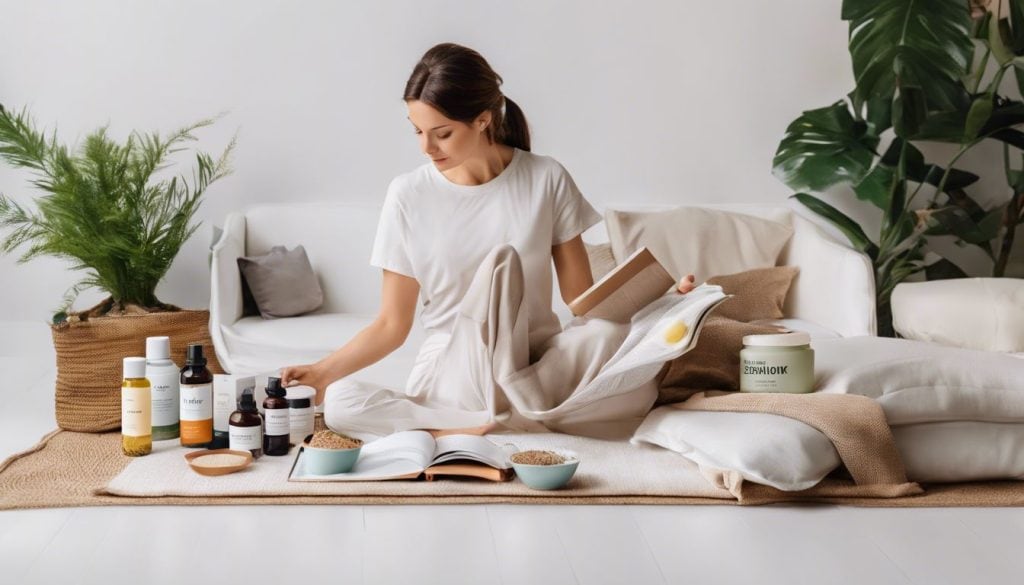 Een persoon leest instructies voor het annuleren van een Viteezy-abonnement, omringd door wellnessproducten en lifestylefotografie in een serene en minimalistische omgeving.