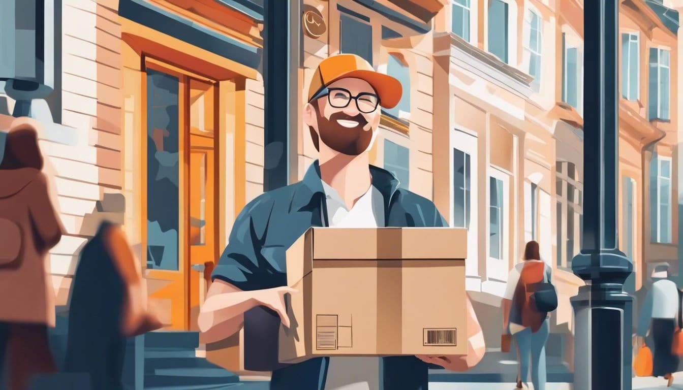 Persoon ontvangt pakket met stadsgezichtfotografie voor de deur.