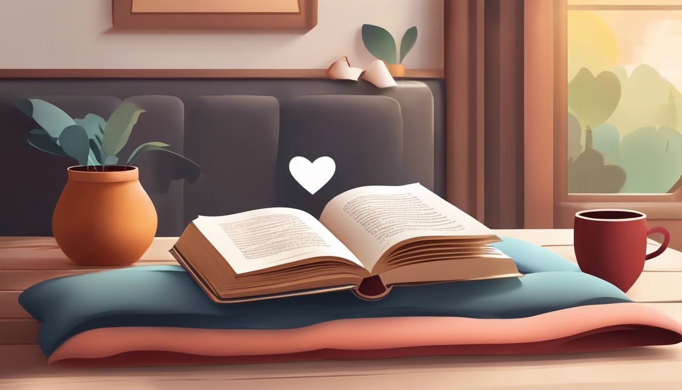 Een open boek met een hartvormige bladwijzer in een gezellig leeshoekje.