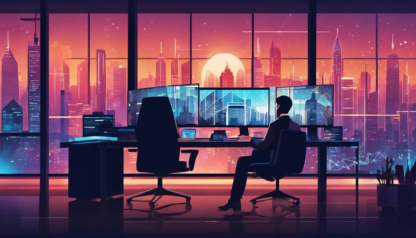 Een SEO-specialist werkt aan een bureau met meerdere computerschermen, terwijl de stadsgezichten weerspiegeld worden in de kantoorramen.