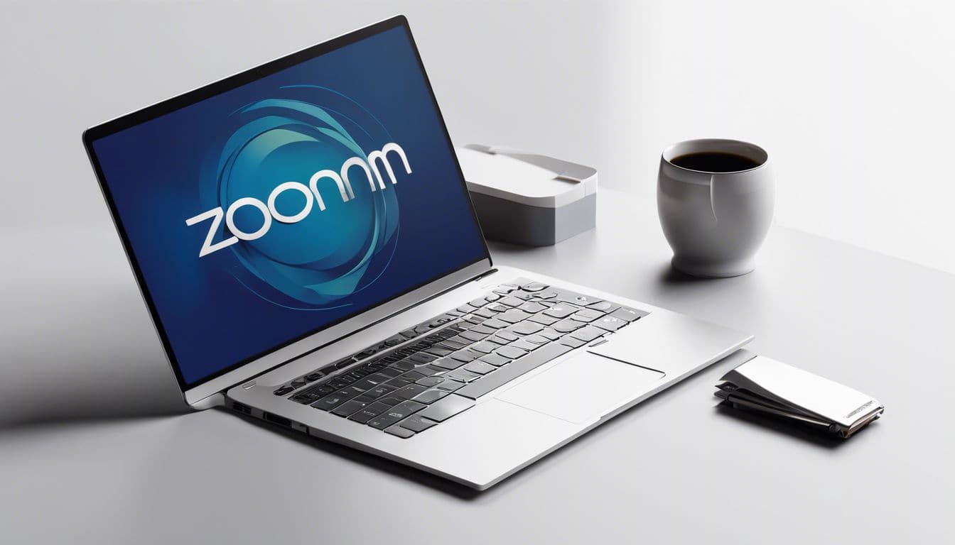 Een gestroomlijnde laptop met Zoom Pro-logo in een opgeruimde en moderne werkruimte.