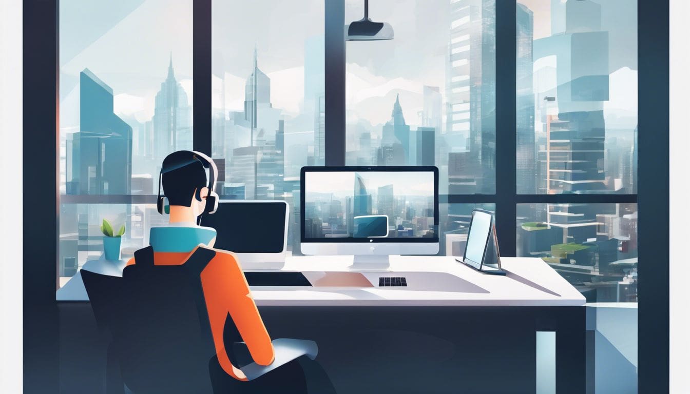 Moderne werkruimte met meerdere Apple-apparaten en stadsgezicht door raam.