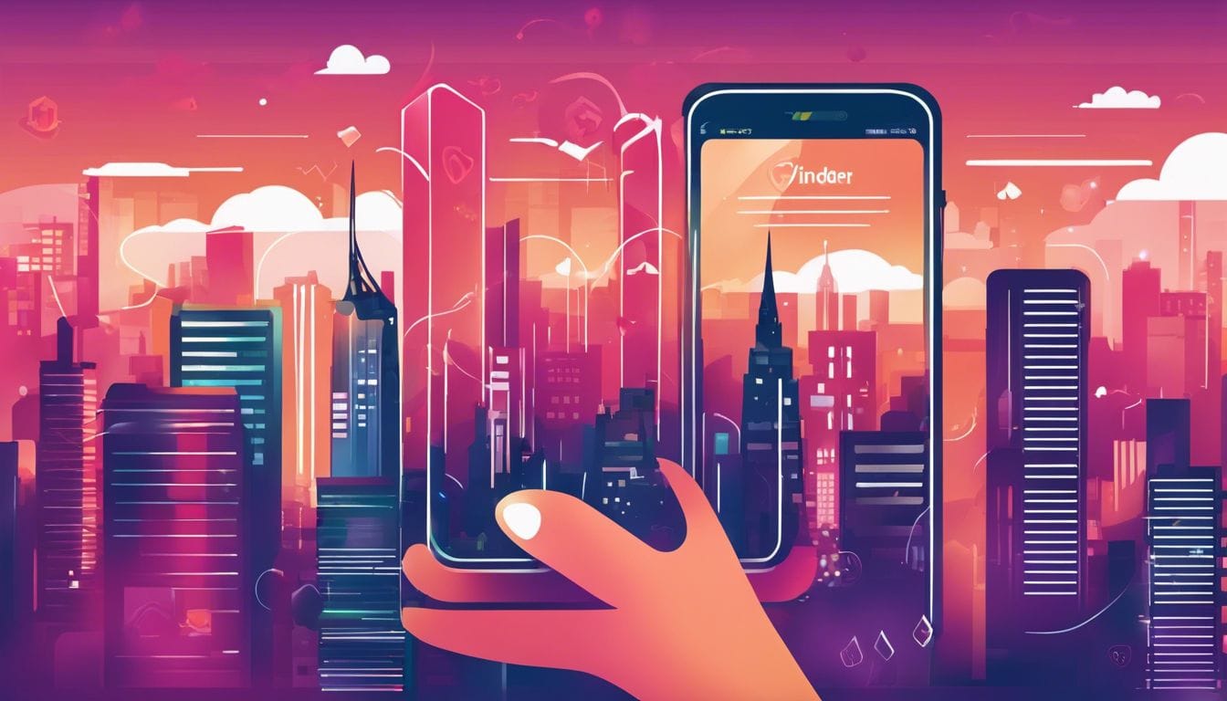 Een open Tinder-app op een smartphone met beveiligde betalingssymbolen, in een bruisende stad. Een open Tinder-app op een smartphone met beveiligde betalingssymbolen, in een bruisende stad.